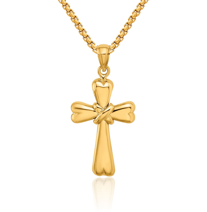 14K Solid Yellow Gold Crisscross Heart Holy Cross Necklace Religious Chain Pendant Jesus Christ Charm