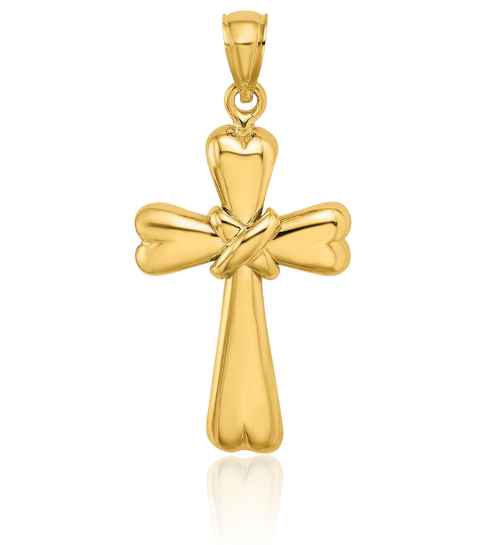 14K Solid Yellow Gold Crisscross Heart Holy Cross Necklace Religious Chain Pendant Jesus Christ Charm