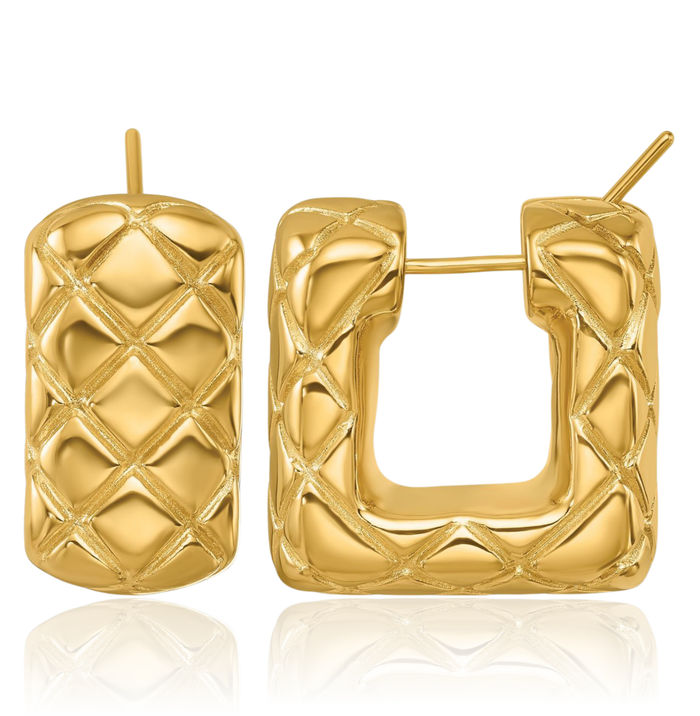 14K Solid Yellow Gold Crisscross Square Medium Hoop Earrings