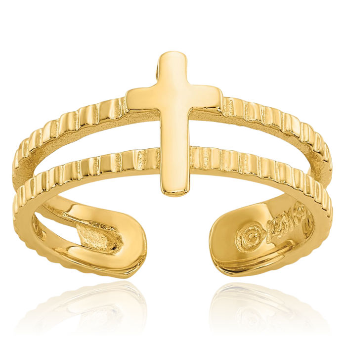 14K Solid Yellow Gold Cross Adjustable Toe Ring Open Midi Band Summer Beach Jewelry