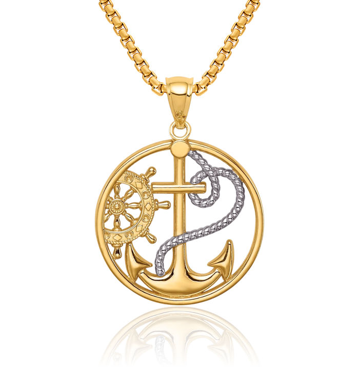 14K Solid Yellow Gold Holy Cross Anchor Mariner Captain Wheel Necklace Nautical Religious Chain Pendant Jesus Christ Charm