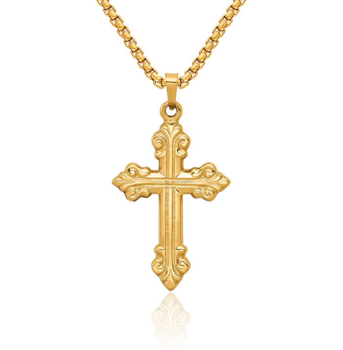 14K Solid Yellow Gold Holy Cross Budded Necklace Religious Chain Pendant Jesus Christ Christian Charm