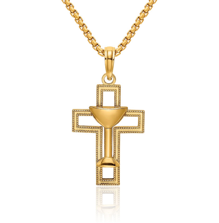 14K Solid Yellow Gold Holy Cross Communion Cup Necklace Religious Chain Pendant Jesus Christ Charm