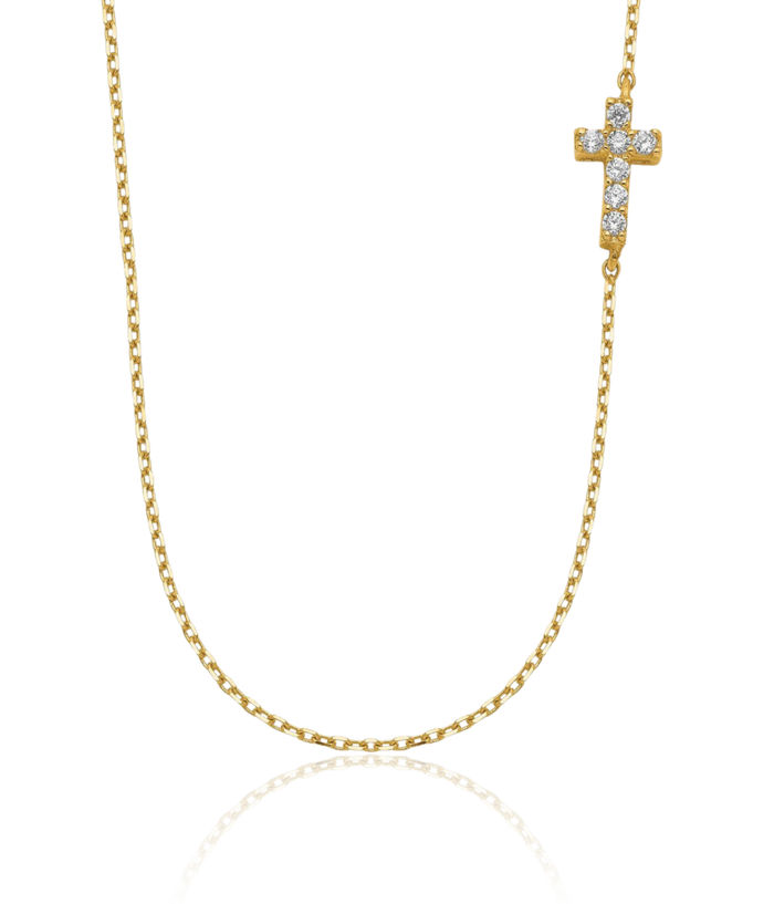 14K Solid Yellow Gold Holy Cross Cubic Zirconia CZ Necklace Chain