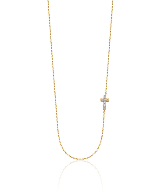 14K Solid Yellow Gold Holy Cross Cubic Zirconia CZ Necklace Chain