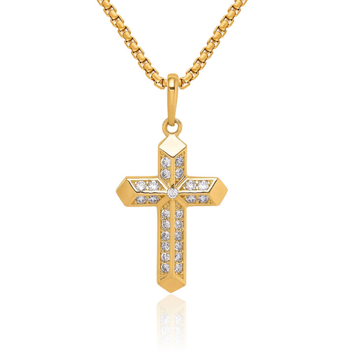 14K Solid Yellow Gold Holy Cross Cubic Zirconia CZ Necklace Religious Chain Pendant Jesus Christ Charm