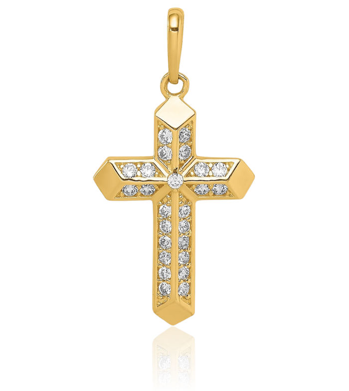 14K Solid Yellow Gold Holy Cross Cubic Zirconia CZ Necklace Religious Chain Pendant Jesus Christ Charm