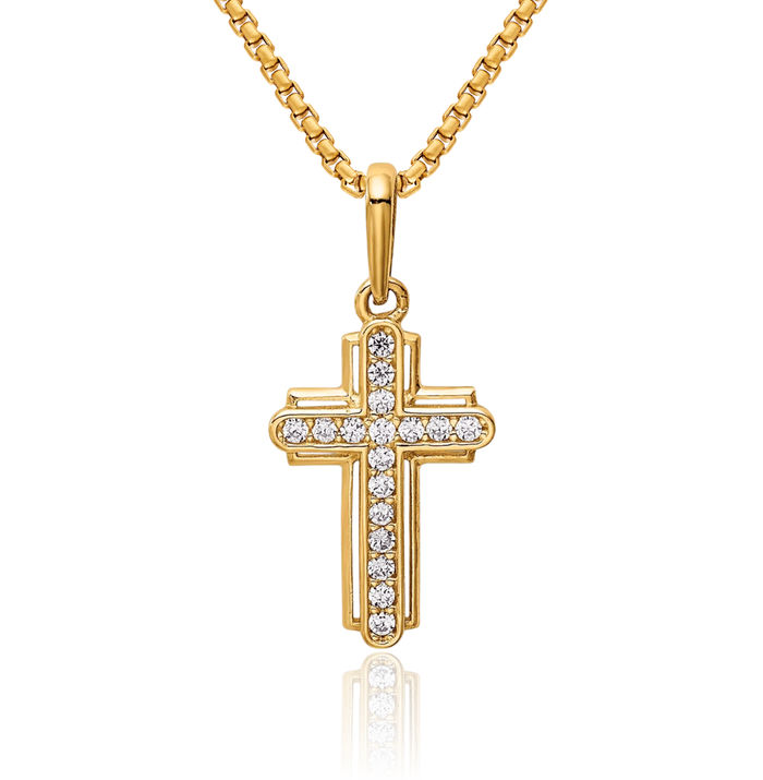 14K Solid Yellow Gold Holy Cross Cubic Zirconia CZ Necklace Religious Chain Pendant Jesus Christ Charm