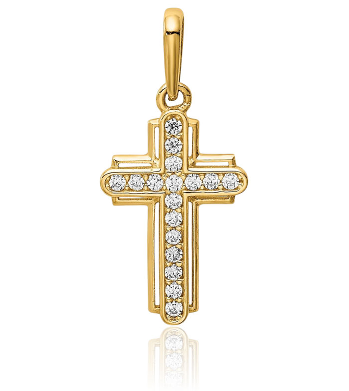 14K Solid Yellow Gold Holy Cross Cubic Zirconia CZ Necklace Religious Chain Pendant Jesus Christ Charm