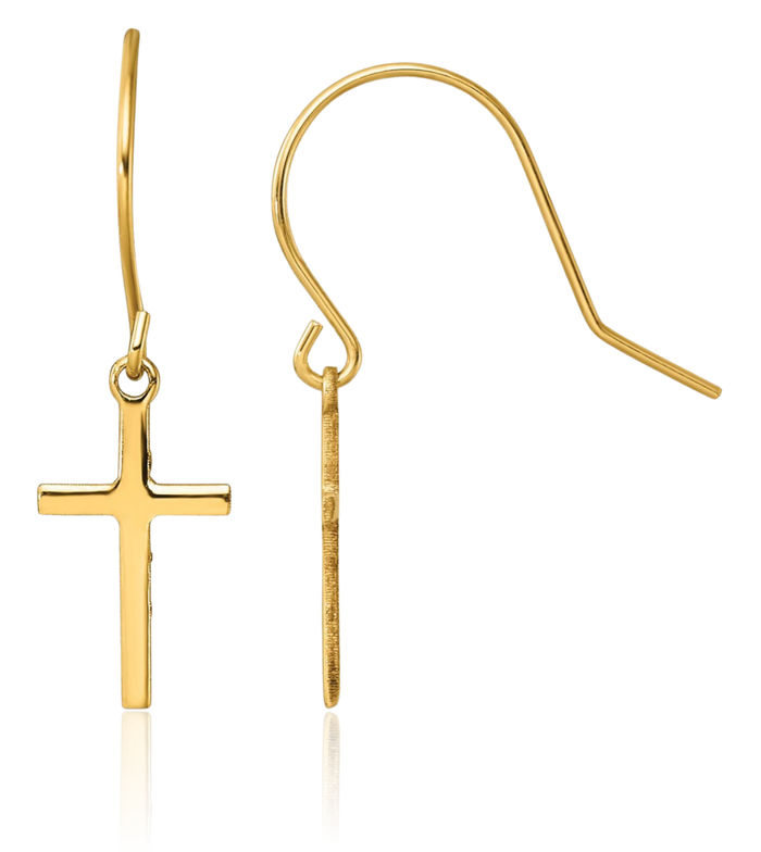 14K Solid Yellow Gold Holy Cross Christian Religious Drop Dangle Earrings