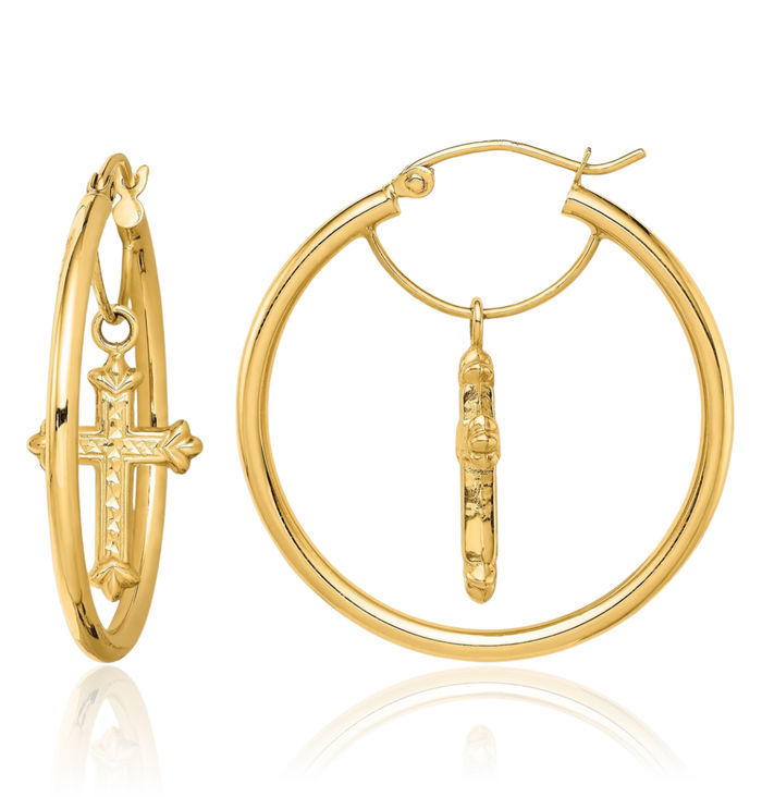 14K Solid Yellow Gold Holy Cross Drop Dangle Round Medium Hoop Christian Religious Earrings