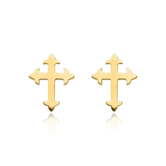 14K Solid Yellow Gold Holy Cross Drop Dangle Christian Religious Stud Earrings