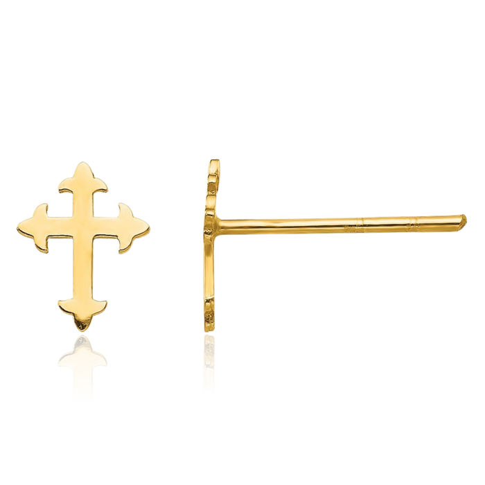 14K Solid Yellow Gold Holy Cross Drop Dangle Christian Religious Stud Earrings