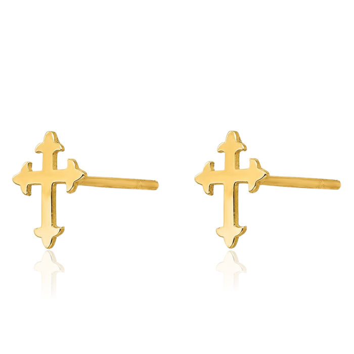 14K Solid Yellow Gold Holy Cross Drop Dangle Christian Religious Stud Earrings