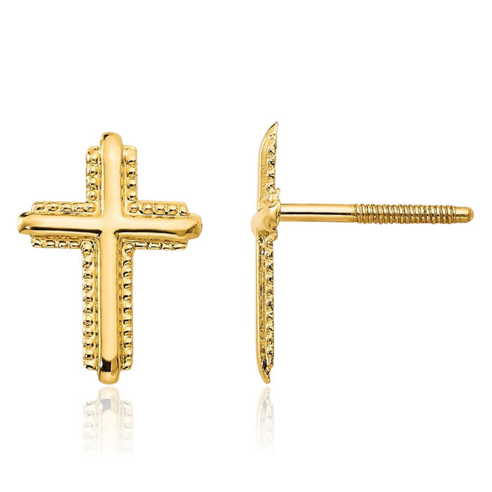 14K Solid Yellow Gold Holy Cross Drop Dangle Christian Religious Stud Earrings