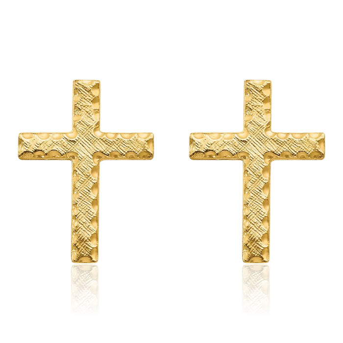 14K Solid Yellow Gold Holy Cross Drop Dangle Christian Religious Stud Earrings