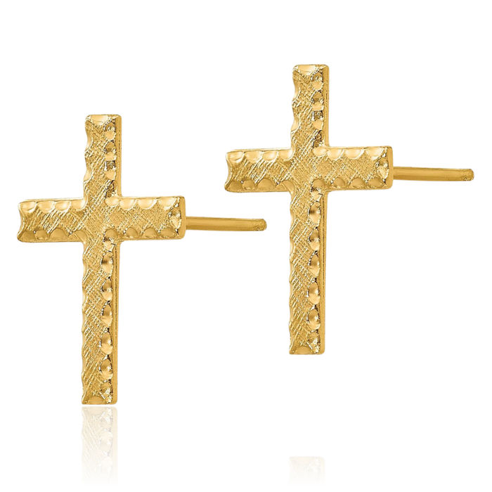 14K Solid Yellow Gold Holy Cross Drop Dangle Christian Religious Stud Earrings