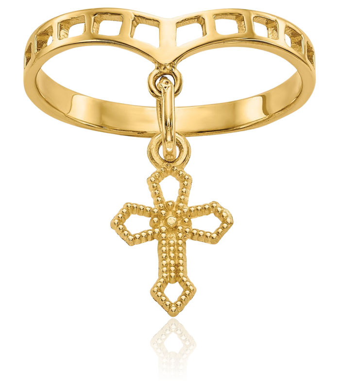 14K Solid Yellow Gold Holy Cross Dangling Charm Ring Christian Religious Band