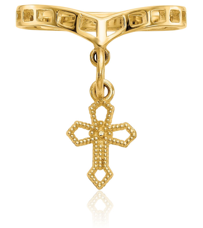 14K Solid Yellow Gold Holy Cross Dangling Charm Ring Christian Religious Band