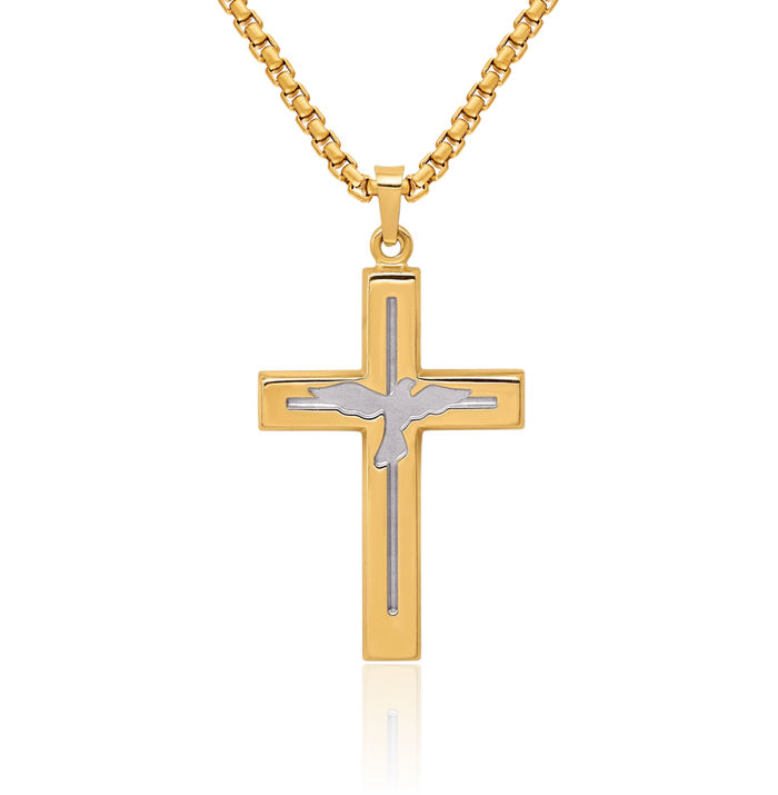 14K Solid Yellow Gold Cross Dove Symbol Peace Love Holy Spirit Necklace Religious Chain Pendant Jesus Christ Charm