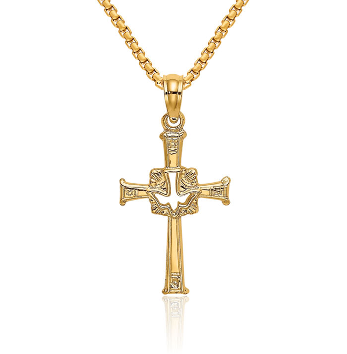 14K Solid Yellow Gold Cross Dove Symbol Peace Love Holy Spirit Necklace Religious Chain Pendant Jesus Christ Charm