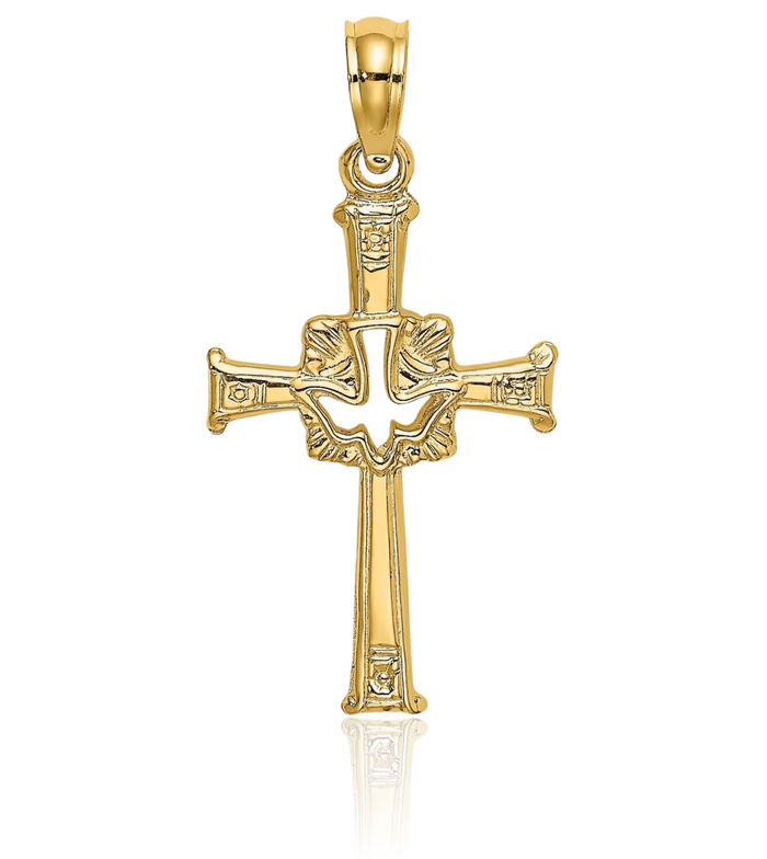 14K Solid Yellow Gold Cross Dove Symbol Peace Love Holy Spirit Necklace Religious Chain Pendant Jesus Christ Charm