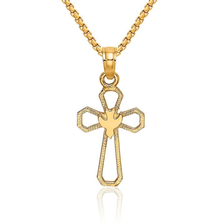 14K Solid Yellow Gold Cross Dove Symbol Peace Love Holy Spirit Necklace Religious Chain Pendant Jesus Christ Charm