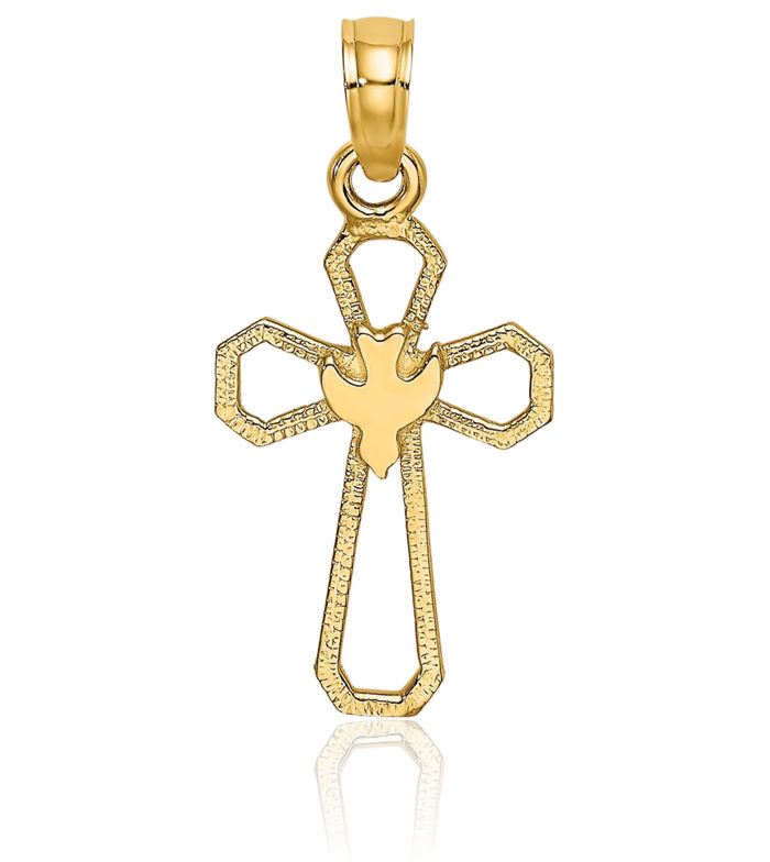 14K Solid Yellow Gold Cross Dove Symbol Peace Love Holy Spirit Necklace Religious Chain Pendant Jesus Christ Charm