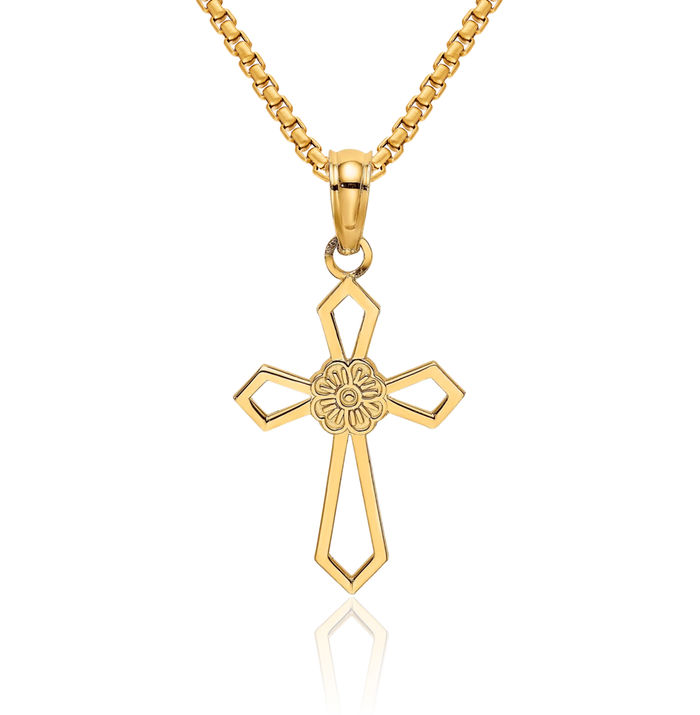 14K Solid Yellow Gold Holy Cross Flower Necklace Religious Chain Pendant Jesus Christ Charm