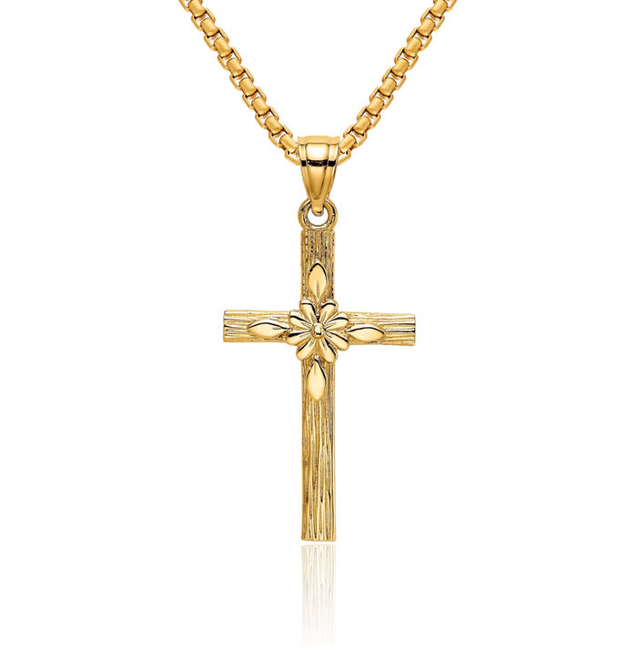 14K Solid Yellow Gold Latin Mexican Holy Cross Flower Necklace Religious Chain Pendant Jesus Christ Charm