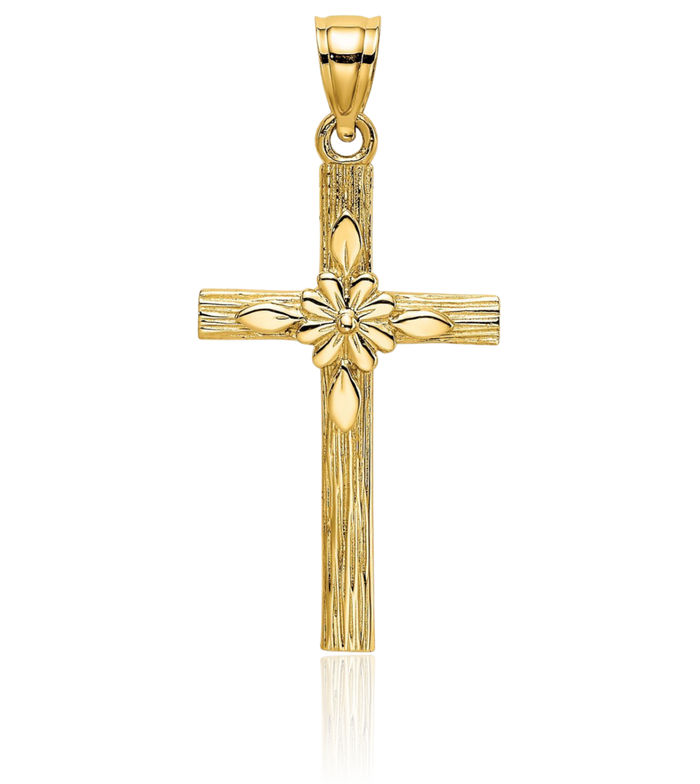 14K Solid Yellow Gold Latin Mexican Holy Cross Flower Necklace Religious Chain Pendant Jesus Christ Charm