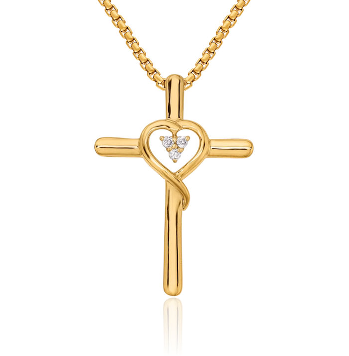 14K Solid Yellow Gold Holy Cross Heart Diamond Floating Chain Slide Pendant Necklace Religious Jesus Christ Charm