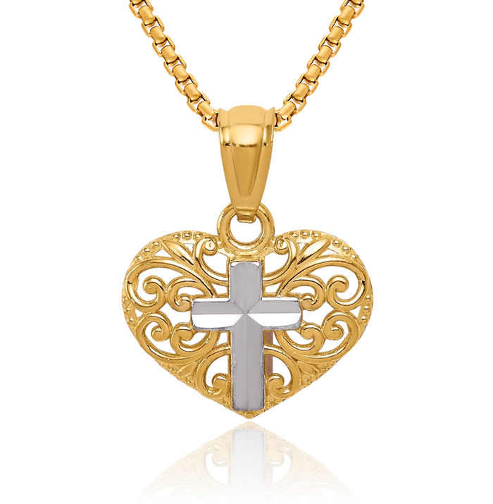 14K Solid Yellow Gold Latin Mexican Holy Cross Heart Necklace Religious Chain Pendant Jesus Christ Charm