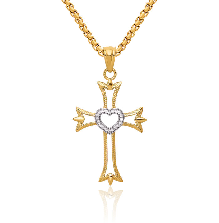 14K Solid Yellow Gold Holy Cross Heart Necklace Religious Chain Pendant Jesus Christ Charm