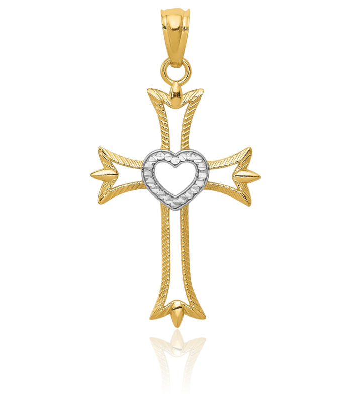 14K Solid Yellow Gold Holy Cross Heart Necklace Religious Chain Pendant Jesus Christ Charm