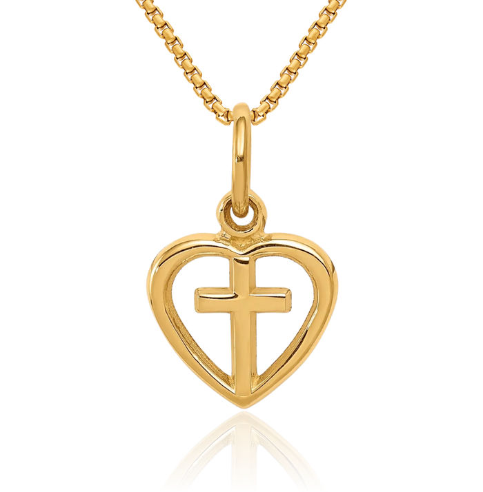 14K Solid Yellow Gold Latin Mexican Holy Cross Heart Necklace Religious Chain Pendant Jesus Christ Charm