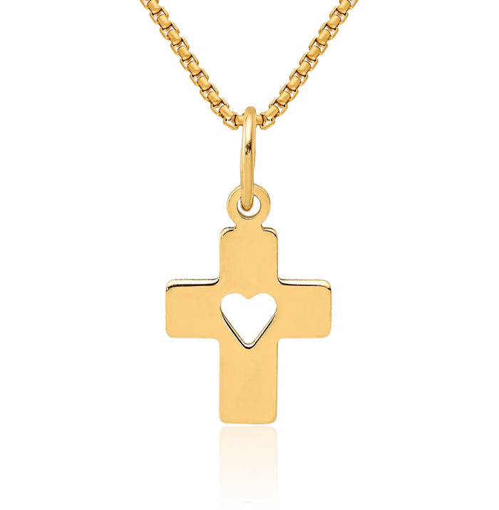 14K Solid Yellow Gold Holy Cross Heart Necklace Religious Chain Pendant Jesus Christ Charm