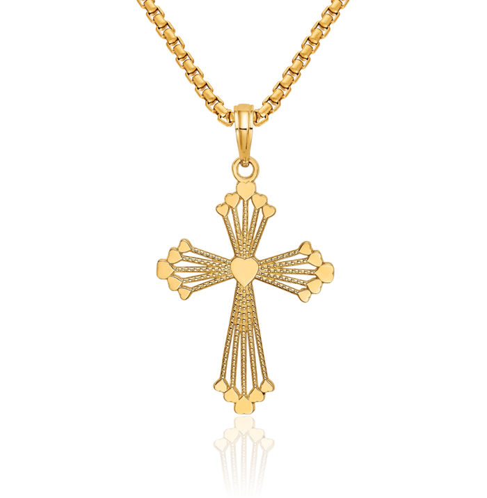 14K Solid Yellow Gold Holy Cross Heart Necklace Religious Chain Pendant Jesus Christ Charm