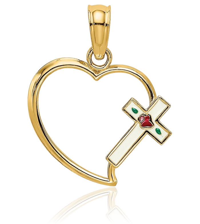 14K Solid Yellow Gold Holy Cross Heart Necklace Religious Chain Pendant Jesus Christ Charm