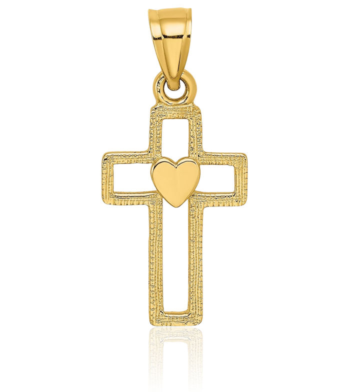 14K Solid Yellow Gold Latin Mexican Holy Cross Heart Necklace Religious Chain Pendant Jesus Christ Charm