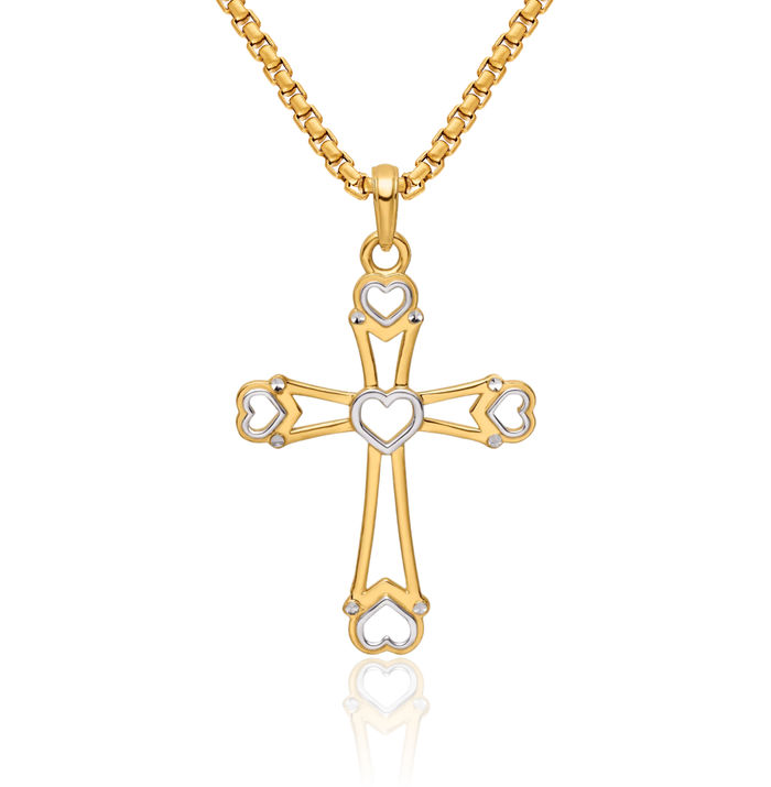 14K Solid Yellow Gold Holy Cross Heart Necklace Religious Chain Pendant Jesus Christ Charm