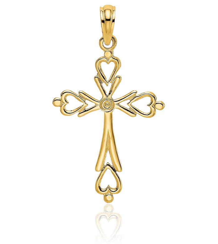 14K Solid Yellow Gold Holy Cross Heart Necklace Religious Chain Pendant Jesus Christ Charm