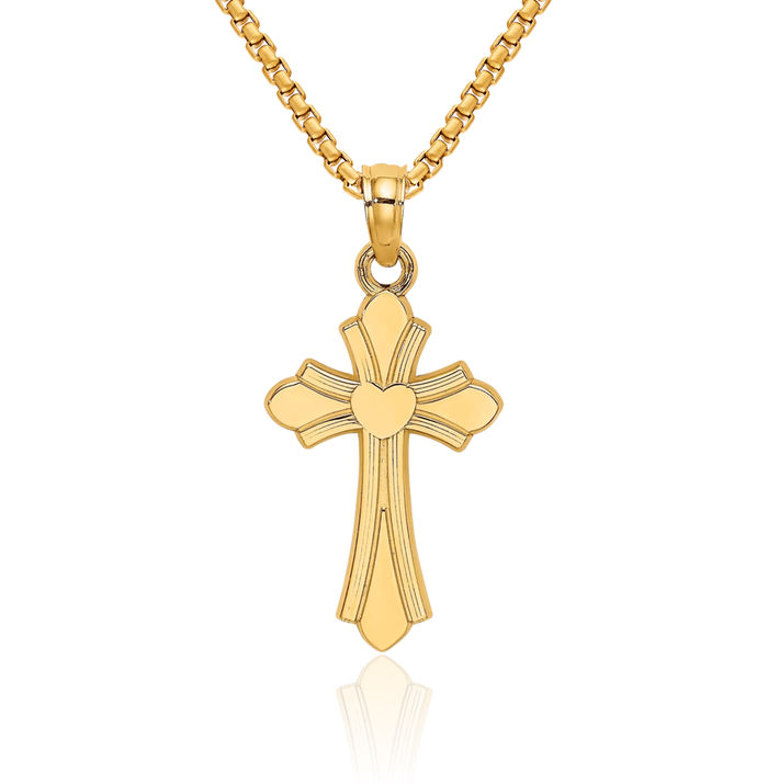 14K Solid Yellow Gold Holy Cross Heart Necklace Religious Chain Pendant Jesus Christ Charm