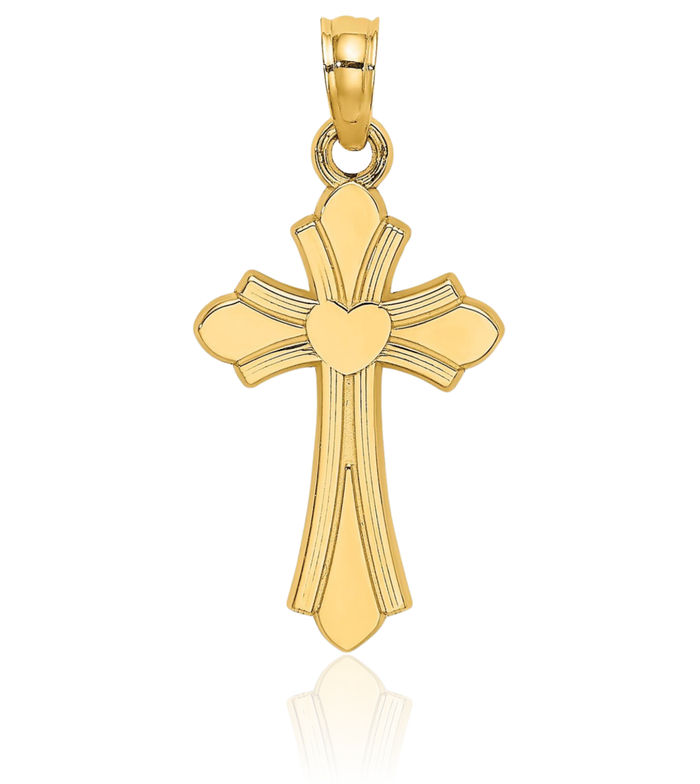 14K Solid Yellow Gold Holy Cross Heart Necklace Religious Chain Pendant Jesus Christ Charm