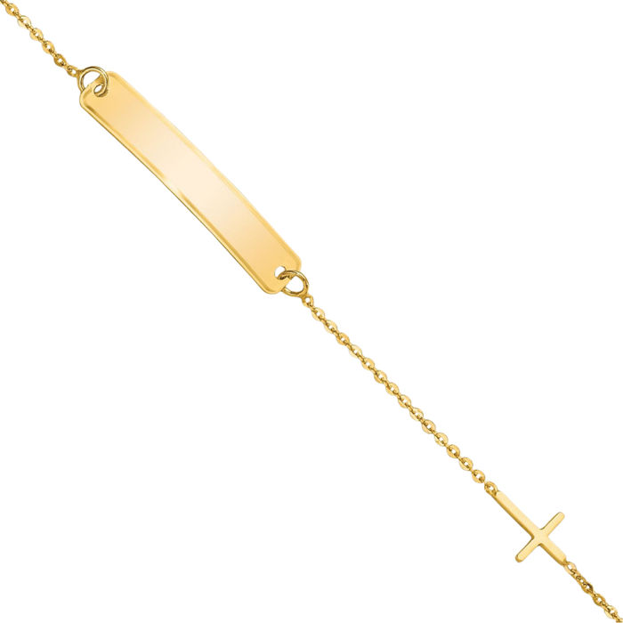 14K Solid Yellow Gold Cross Name Bar Identification ID Bracelet