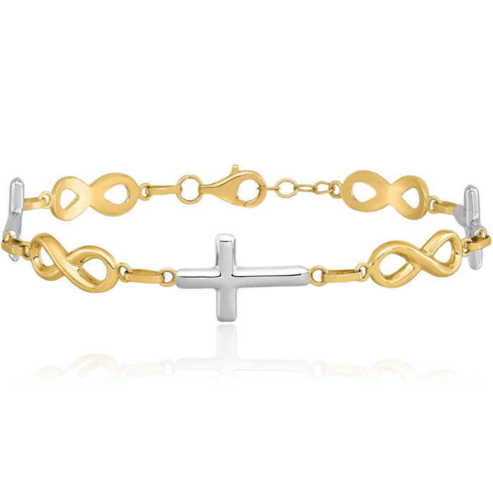 14K Solid Yellow Gold Holy Cross Infinity Twisted Love Knot Symbol Link Chain Charm Bracelet