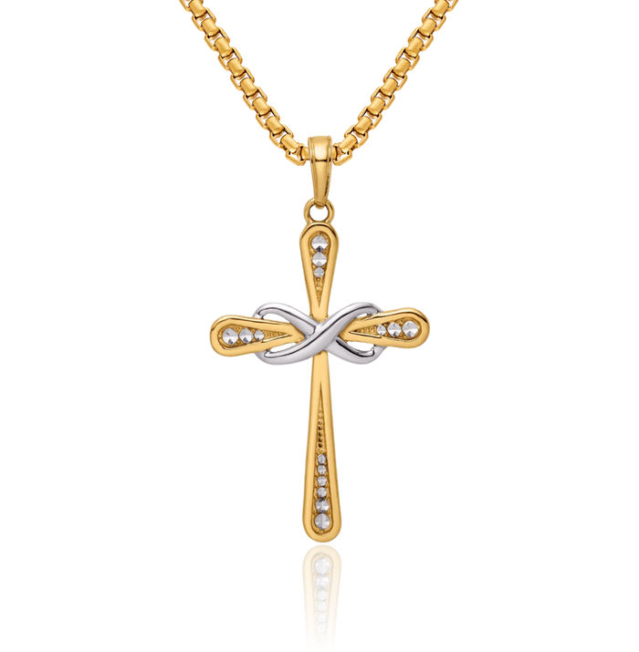 14K Solid Yellow Gold Holy Cross Infinity Twisted Love Knot Symbol Necklace Religious Chain Pendant Jesus Christ Charm