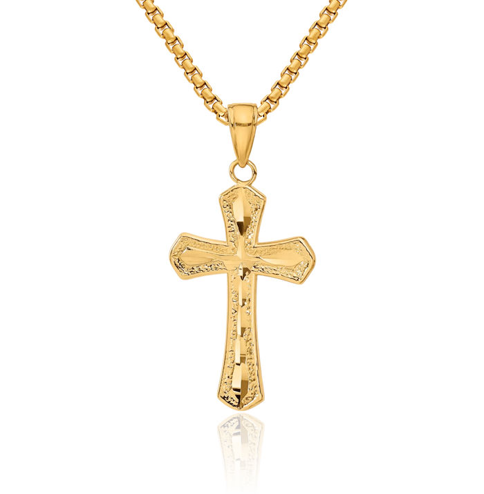 14K Solid Yellow Gold Holy Cross Necklace Religious Chain Pendant Jesus Christ Charm