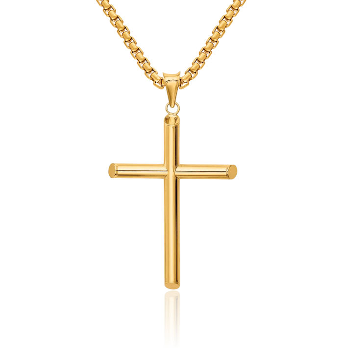 14K Solid Yellow Gold Tube Latin Mexican Holy Cross Necklace Religious Chain Pendant Jesus Christ Charm