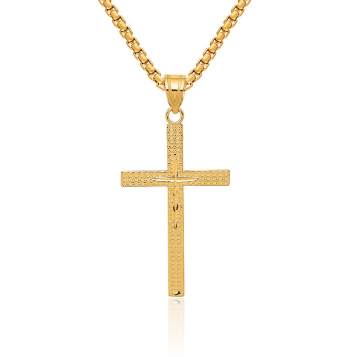 14K Solid Yellow Gold Latin Mexican Holy Cross Necklace Religious Chain Pendant Jesus Christ Christian Charm